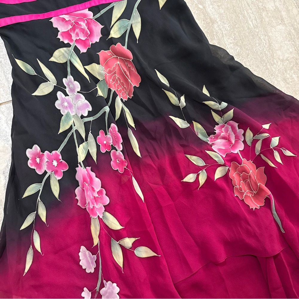 Sue Wong Vintage Y2K Silk Slip Dress Rose Floral print Black/ red Ombré Size 6 - Picture 3 of 8